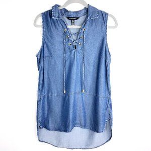 Ellen Tracy Blue Chambray V Neck Sleeveless Blouse
